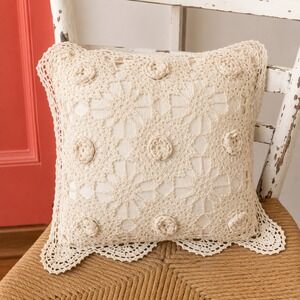 Crochet Lace Throw Pillow Ivory Cottagecore‎ Farmhouse Boho Country  Chic 10x10